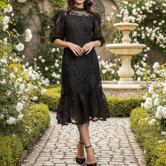 N BY NANCY Dresses & Skirts - # A095   N BY NANCY  Romantic  Black Puff Sleeve Crochet Lace Dress  NWT  L